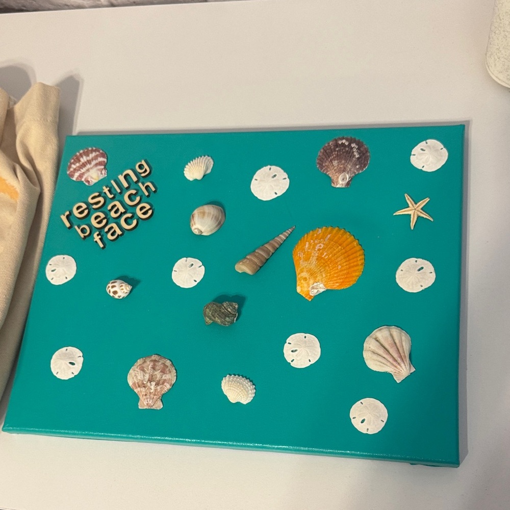 Handmade Teal Beach-Themed Canvas with Shells